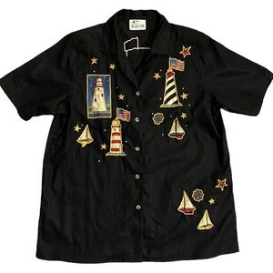 Vtg Nautical Lighthouse Patchwork Linen Top XL Button Front Coastal Sailboat